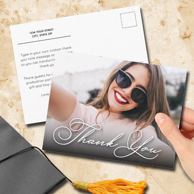 Elegant Script Thank You Photo Graduation Postcard (Graduation thank you postcards with your photo on the front and your message on the back)
