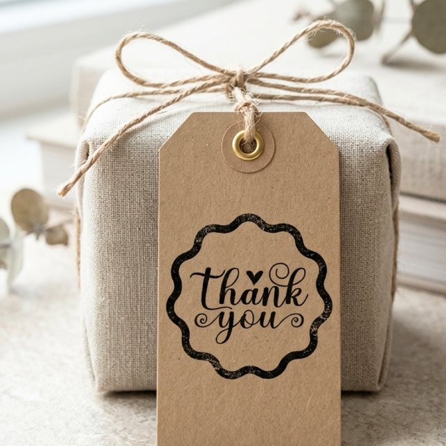 Elegant Script Thank You Scalloped Border Rubber Stamp (thank you script stamp 1)