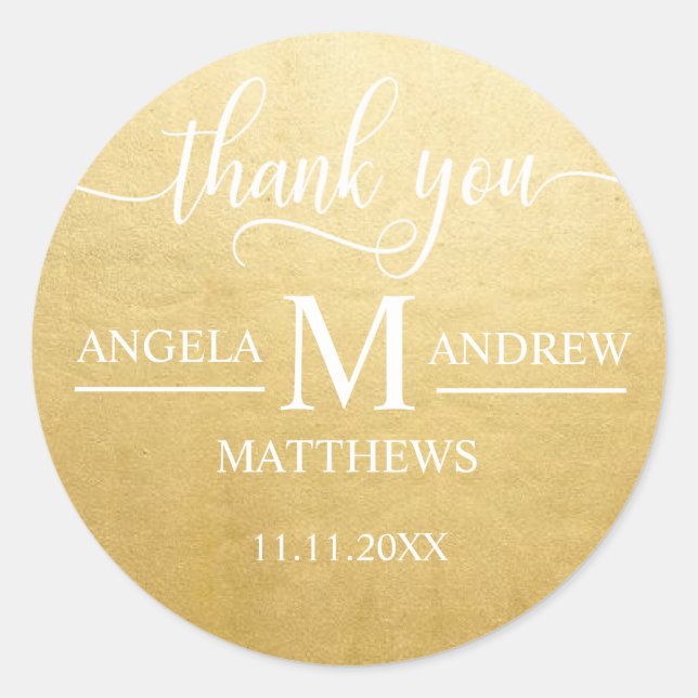 Elegant Script Thank You White Gold Wedding Classic Round Sticker (Front)