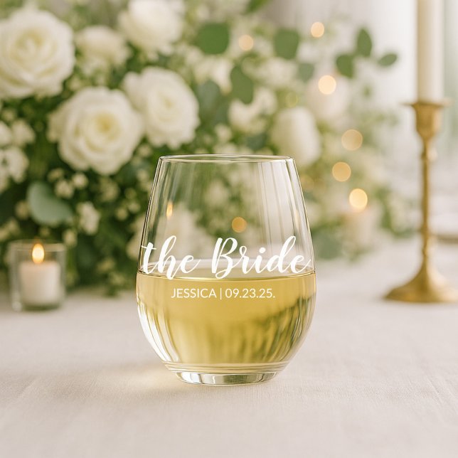Elegant Script The Bride Personalized Wedding Wine Stemless Wine Glass (Creator Uploaded)