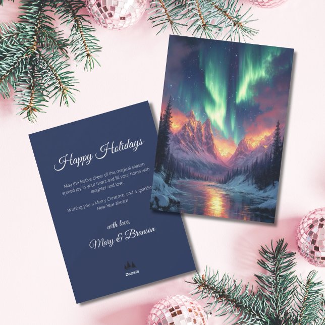Elegant Script Tree Non Photo Aurora Holiday Card (Northern Lights Holiday Christmas Card)