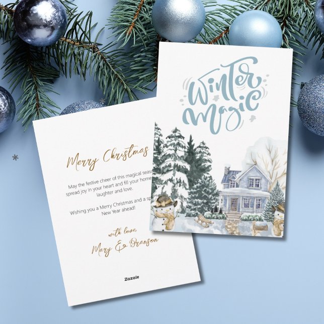 Elegant Script Tree Non Photo Watercolor Christmas Holiday Card (Winter Magic House with Snowman)