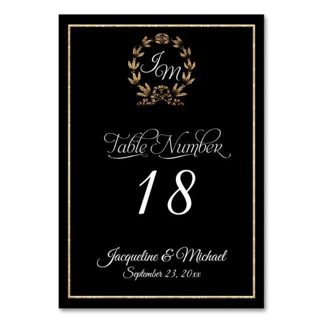 Elegant Script Typography Black Gold Wreath Table Number (Front)