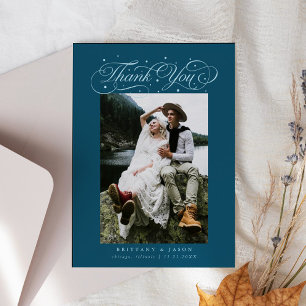 Elegant Script Typography Dots Wedding Photo Teal Thank You Card