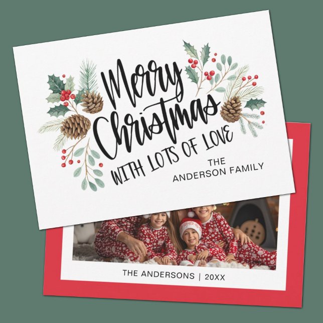 Elegant Script Typography Merry Christmas Holiday Card (An elegant script typography holly photo Christmas card.)