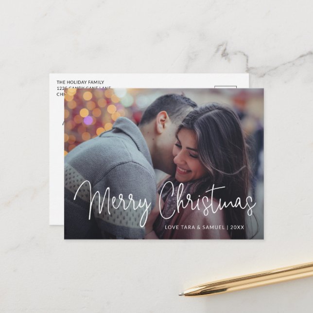 Elegant Script Typography Photo Modern Christmas Holiday Postcard (Front/Back In Situ)