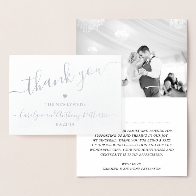 Elegant Script Typography Photo Wedding Thank You Foil Card (Display)