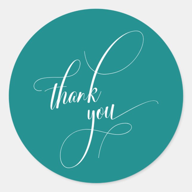 Elegant Script Typography Thank You Bright Teal Classic Round Sticker (Front)