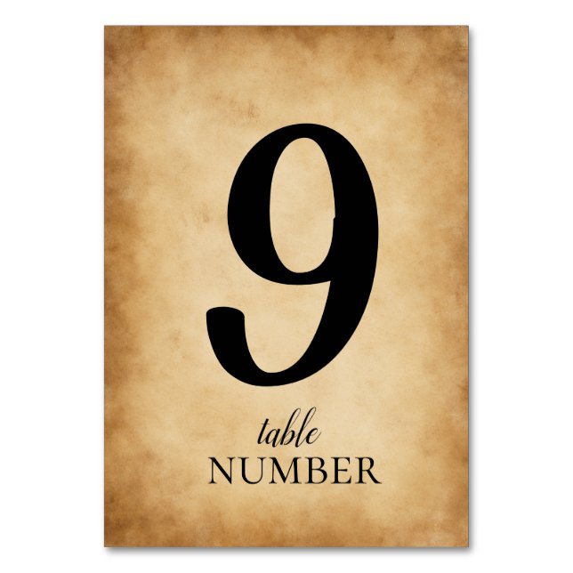 Elegant Script Vintage Old Paper Wedding Table Number (Front)
