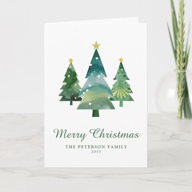 Elegant Script Watercolor Christmas Tree Photo Holiday Card (Front)