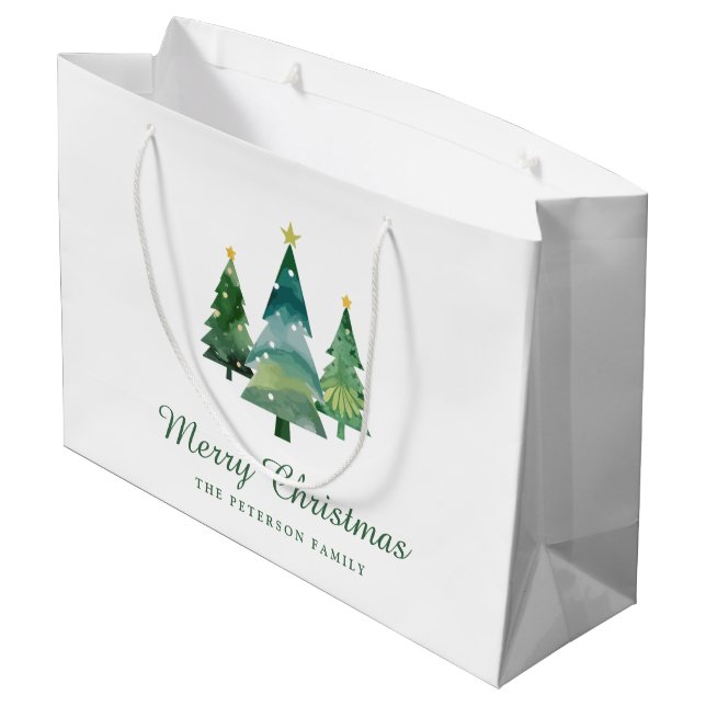 Elegant Script Watercolor Christmas Trees Large Gift Bag (Back Angled)
