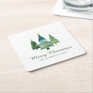 Elegant Script Watercolor Christmas Trees Square Paper Coaster