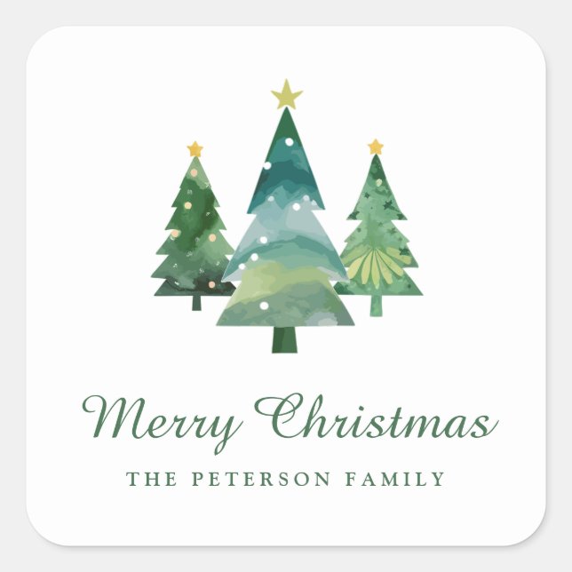 Elegant Script Watercolor Christmas Trees Square Sticker (Front)