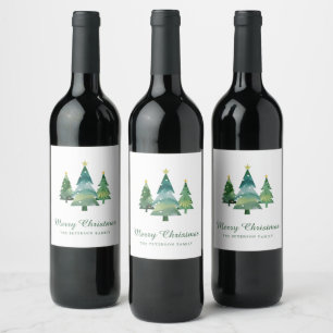 Elegant Script Watercolor Christmas Trees Wine Label