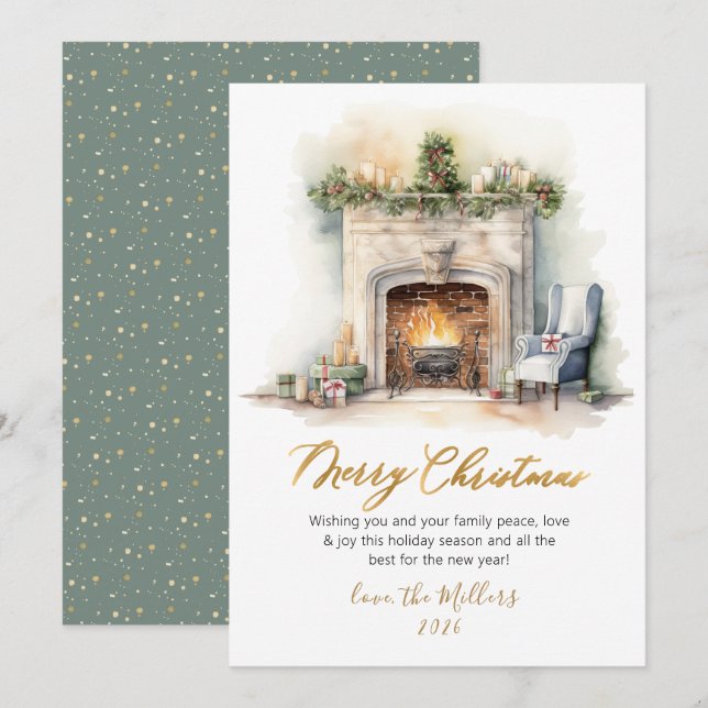 Elegant Script Watercolor Fireplace Christmas Holiday Card (Front/Back)