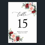 Elegant Script Watercolor Floral Table Number<br><div class="desc">Designed to coordinate with our Romantic Blooms collection,  this customizable Table Number Card features watercolor burgundy and blush florals with greenery leaves and paired with a stylish script & classy serif font in black. To make advanced changes,  go to "Edit using Design Tool" option under Personalize this template.</div>