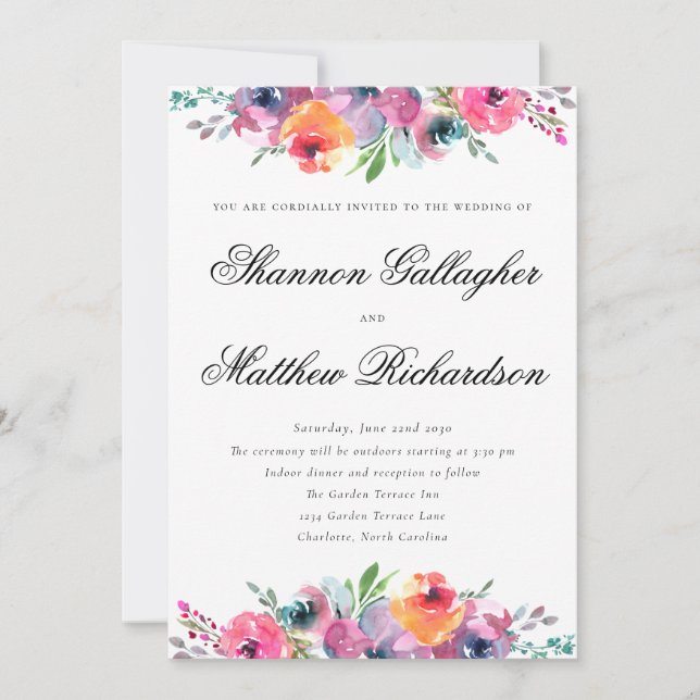 Elegant Script Watercolor Floral Wedding Invitation (Front)