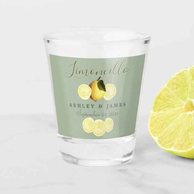 Elegant Script Watercolor Lemon Wedding Limoncello Shot Glass (Front)