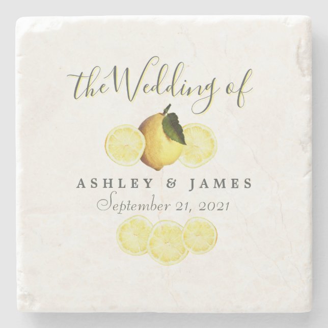 Elegant Script Watercolor Lemon Wedding Limoncello Stone Coaster (Front)