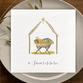 Elegant Script Watercolor Nativity Christmas Napkin