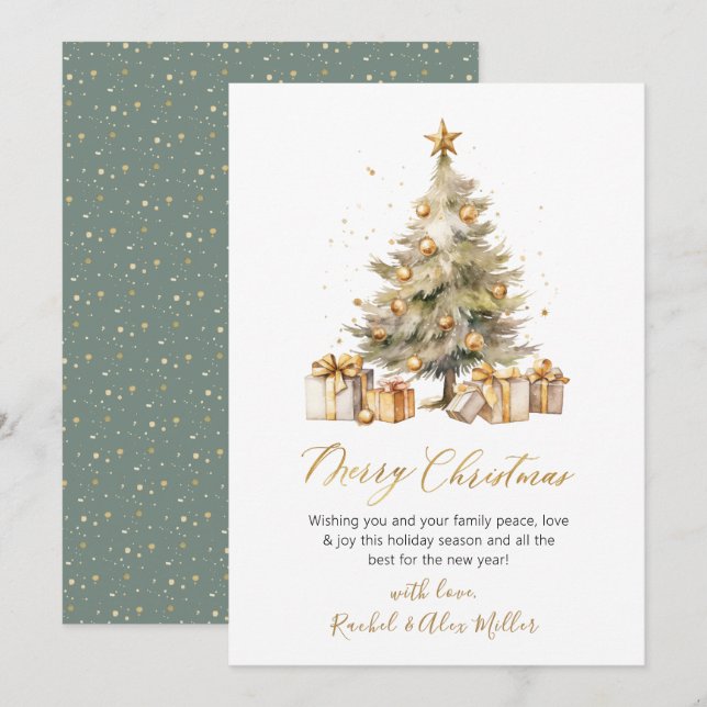 Elegant Script Watercolor Pine Tree Christmas Holiday Card (Front/Back)