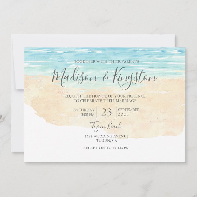 Elégant Script Watercolor Plage Mariage Invitation (Devant)