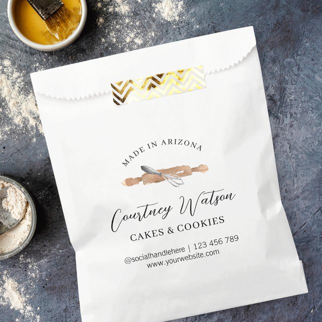 Elegant Script Watercolor Whisk Bakery Paper Bags (Elegant modern watercolor bakery art shopping paper bags with your custom brand name or logo)