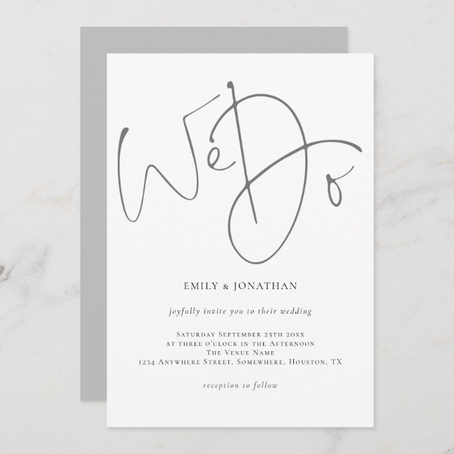 Elegant Script We Do Minimalist Grey Wedding Invitation (Front/Back)