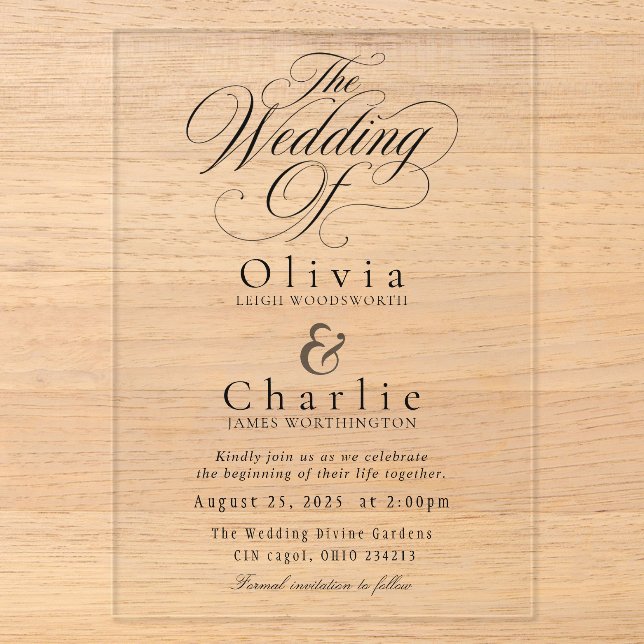 Elegant Script Wedding Acrylic Invitation (Front)