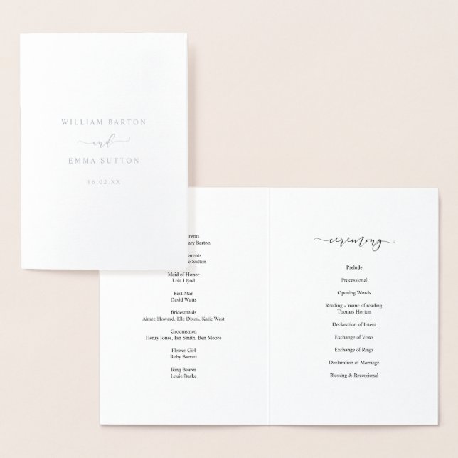 Elegant Script Wedding Ceremony Program Silver Foil Card (Display)