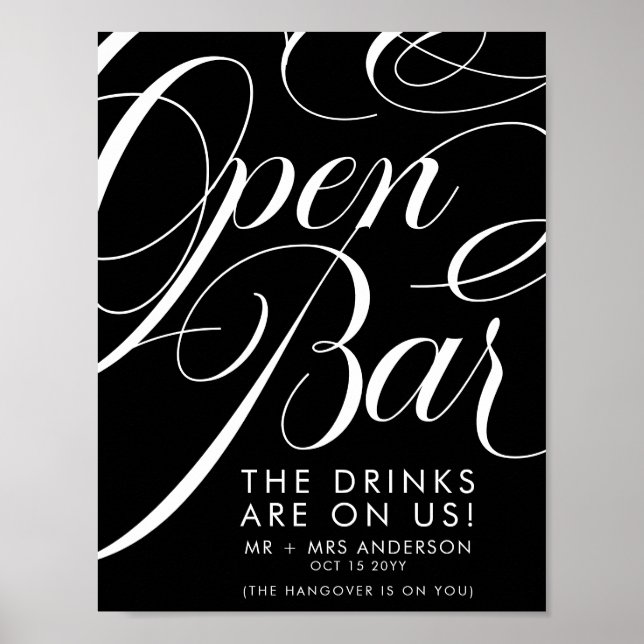 Elegant Script Wedding Free Drinks Bar Menu Black Poster (Front)