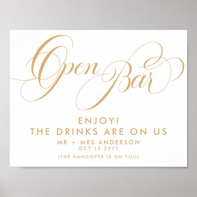 Elegant Script Wedding Free Drinks Bar Menu Gold Poster (Front)