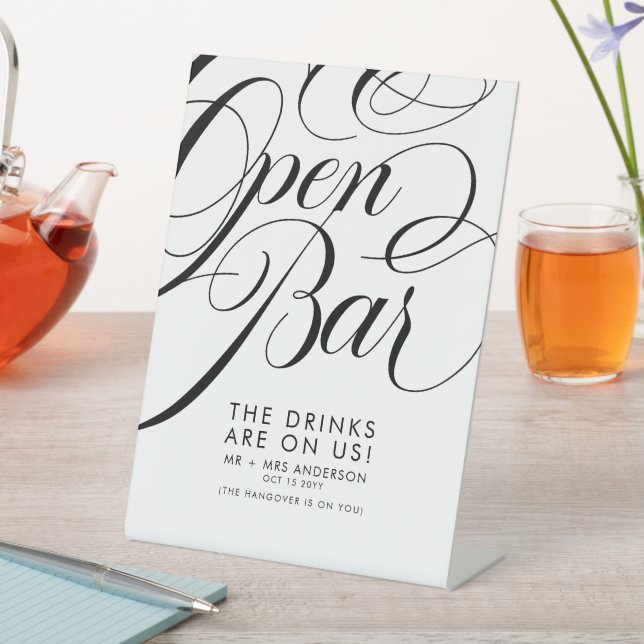 Elegant Script Wedding Free Drinks Bar Menu Pedestal Sign (In SItu)