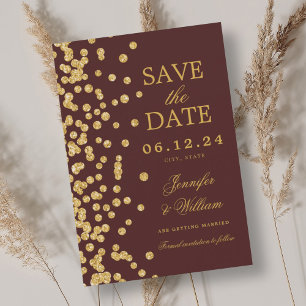 Elegant Script Wedding Gold Confetti Burgundy  Save The Date