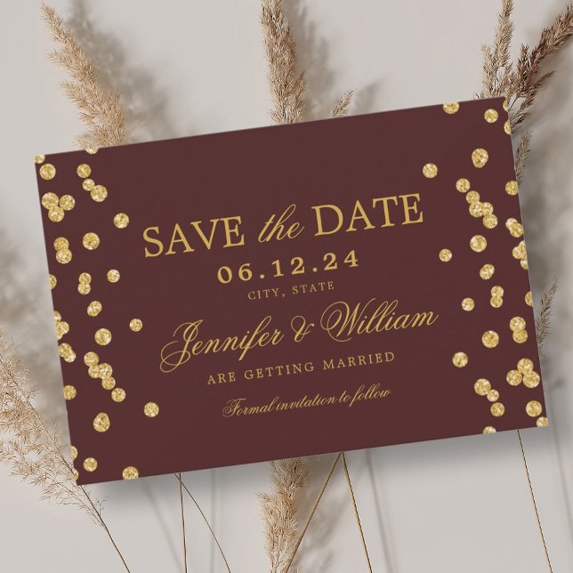 Elegant Script Wedding Gold Confetti Burgundy  Save The Date (Elegant Script Wedding Gold Confetti Burgundy Save The Date)
