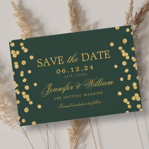 Elegant Script Wedding Gold Confetti Emerald Green Save The Date