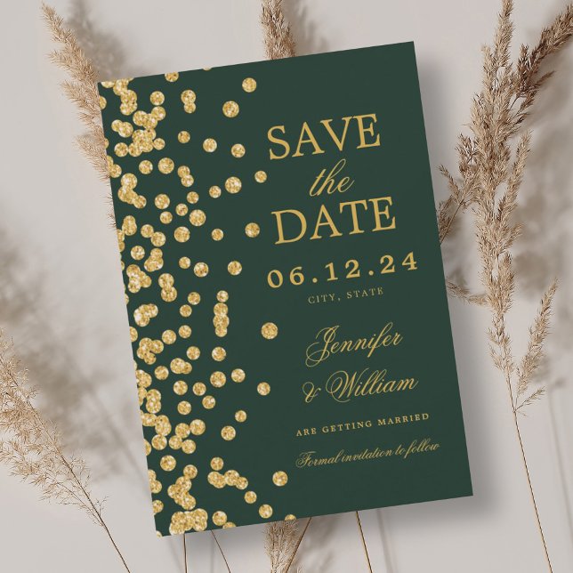 Elegant Script Wedding Gold Confetti Emerald Green Save The Date (Elegant Script Wedding Gold Confetti Emerald Green Save The Date)