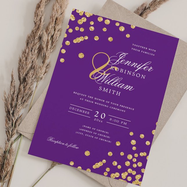 Elegant Script Wedding Gold Confetti Purple  Invitation (Elegant Script Wedding Gold Confetti Purple Invitation)
