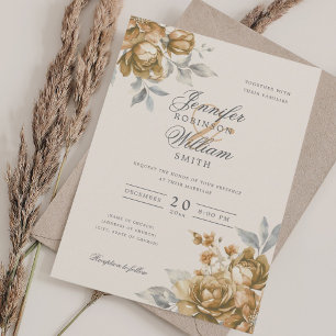 Elegant Script Wedding Gold Natural Rustic Floral Invitation