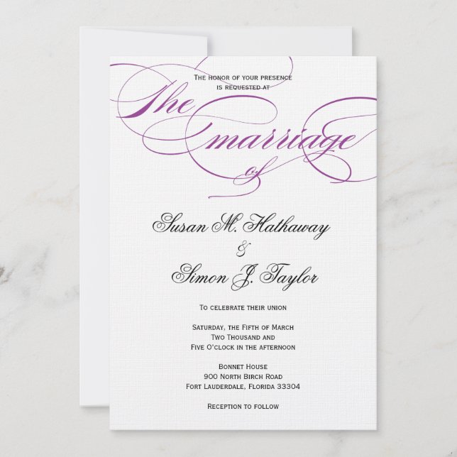 Elegant Script  Wedding Invitation - Purple (Front)