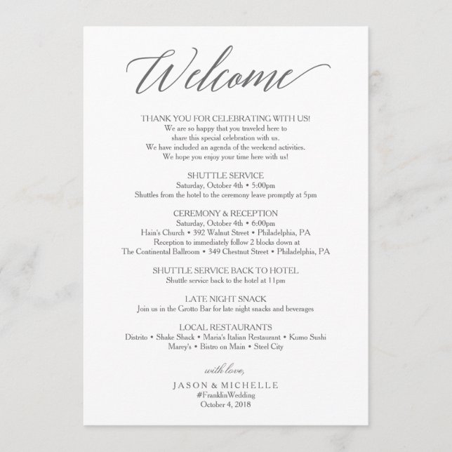 Elegant Script Wedding Itinerary - Wedding Welcome Program (Front)