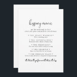 Elegant Script Wedding Kissing Menu Game Card<br><div class="desc">This elegant script wedding kissing menu game card is perfect for a rustic wedding reception. The simple and elegant design features classic and fancy script typography in black.</div>