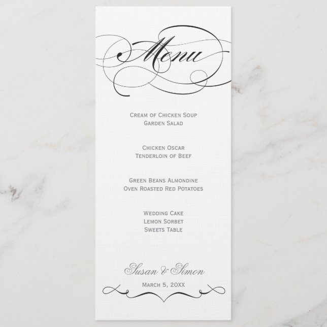 Elegant Script  Wedding Menu - Black (Front)