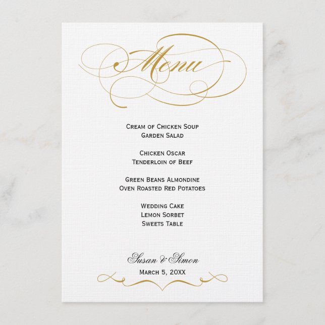 Elegant Script  Wedding Menu - Gold & Black (Front)