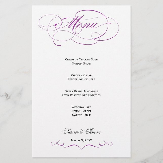 Elegant Script  Wedding Menu - Purple (Front)