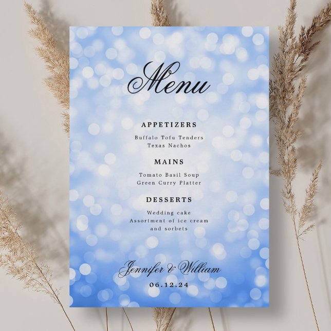 Elegant Script Wedding Navy Blue Bokeh Lights  Menu (Elegant Script Wedding Navy Blue Bokeh Lights Menu)
