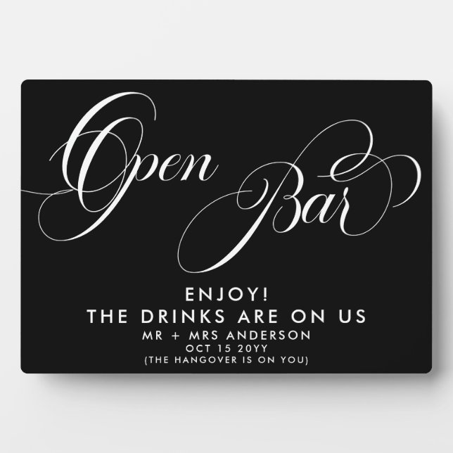 Elegant Script Wedding Open Bar Drink Menu Black Plaque (Front)