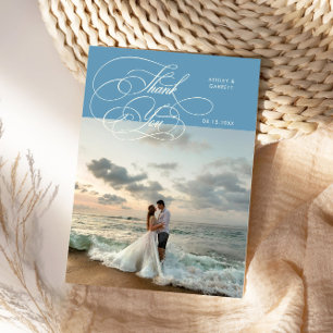 Elegant Script Wedding Photo Denim Blue Thank You Card
