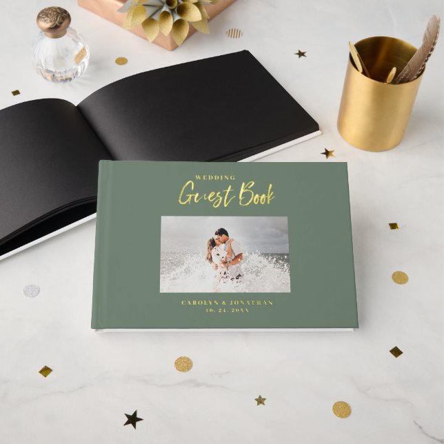 Elegant Script Wedding Photo Sage Guest Book (Front Open)