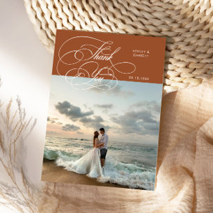 Elegant Script Wedding Photo Terracotta Thank You Card